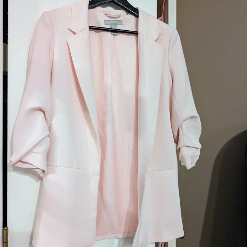 H&M Gathered Ruched Sleeve Light Pink Open Front Blazer Jacket 4 EUC Cinched